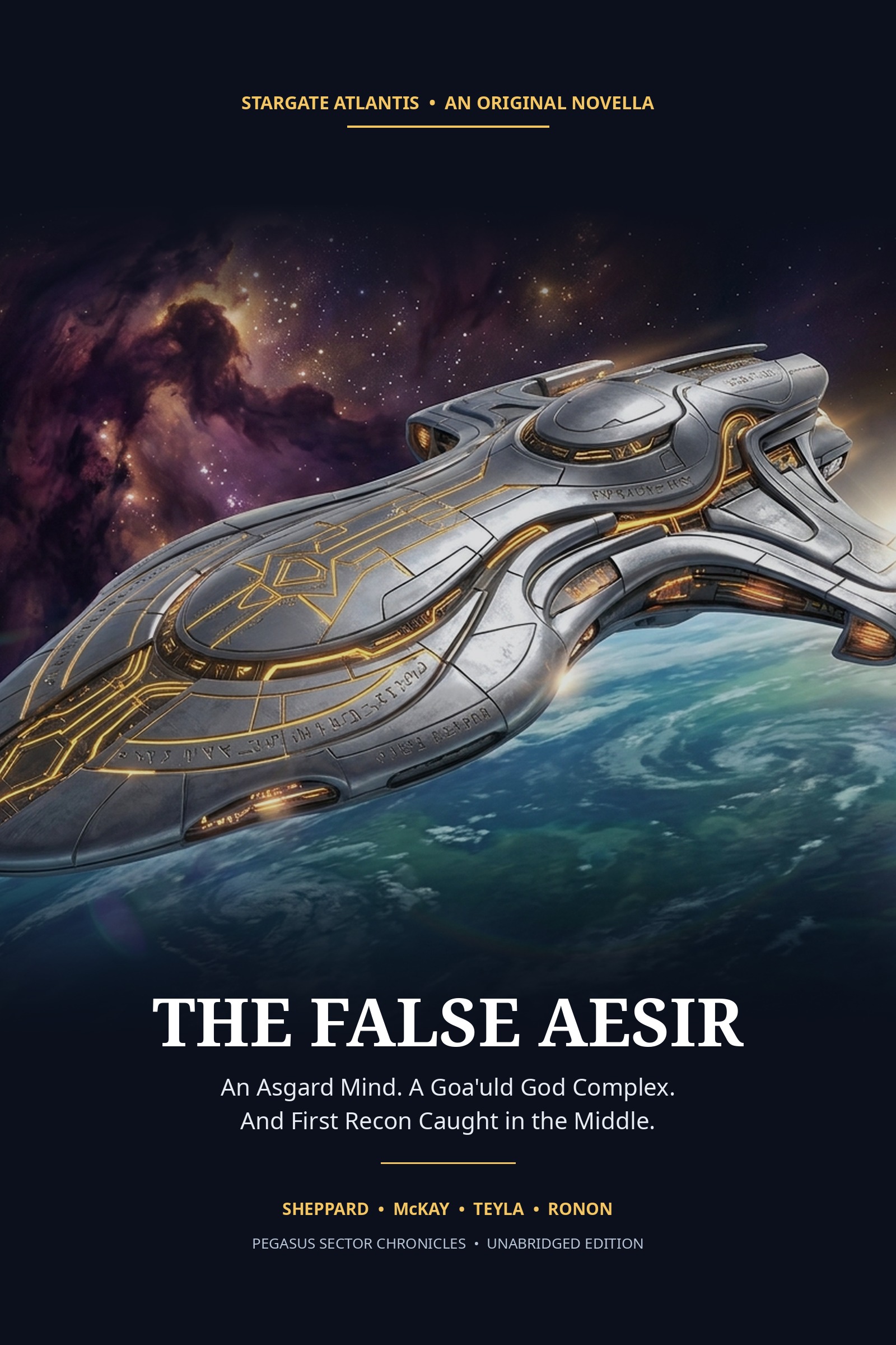 Original EPUB cover of The False Aesir: a silver and gold Asgard cruiser above a planet