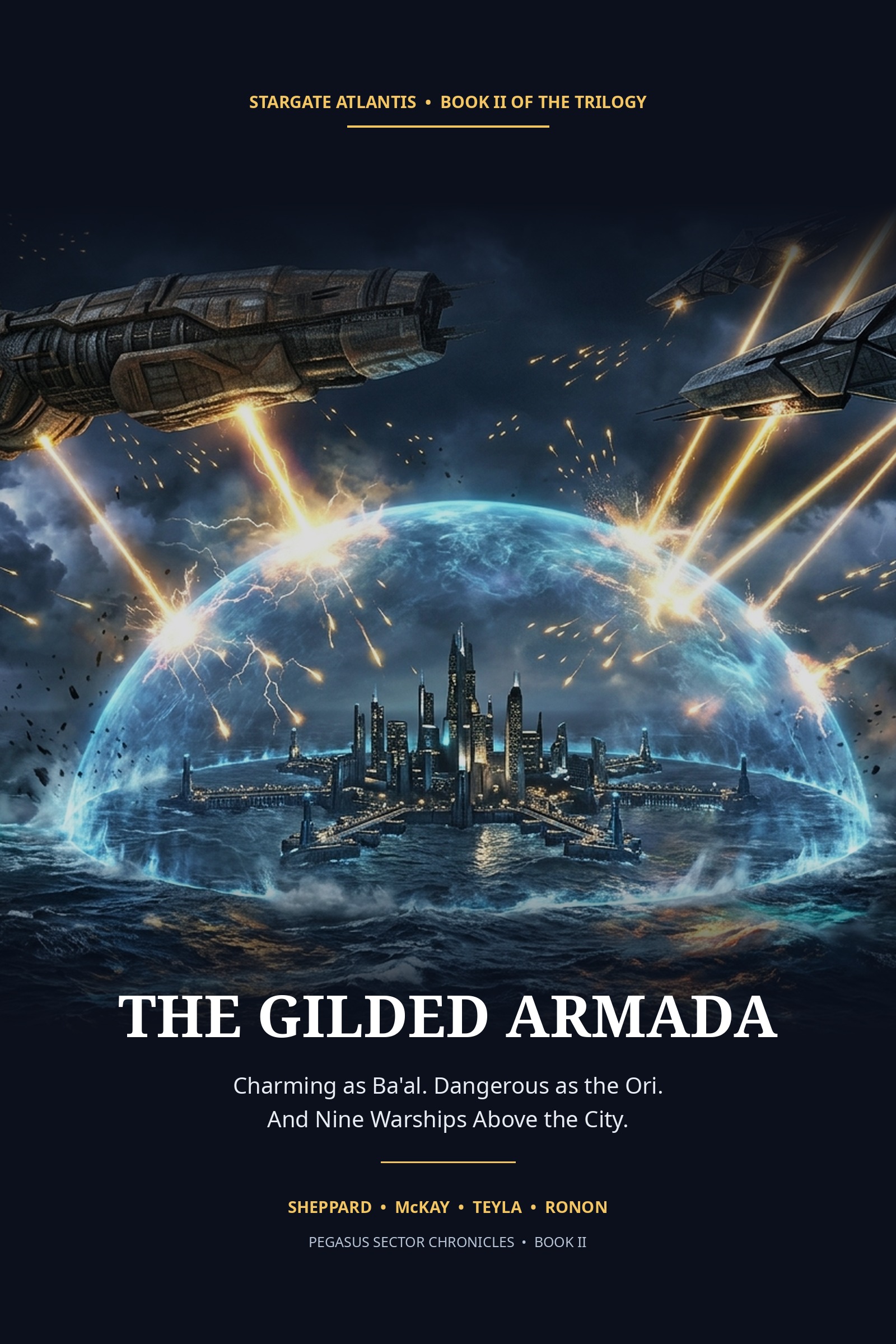 Original EPUB cover of The Gilded Armada: warships firing gold beams at the blue shield over Atlantis