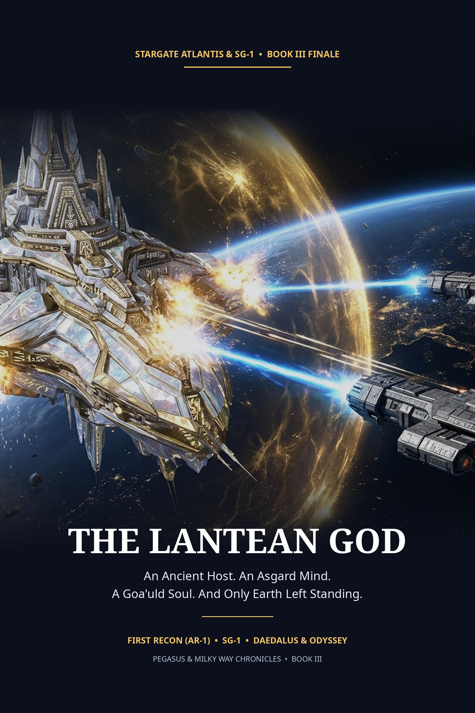 Original EPUB cover of The Lantean God: a white and gold Ancient warship fighting Earth’s cruisers