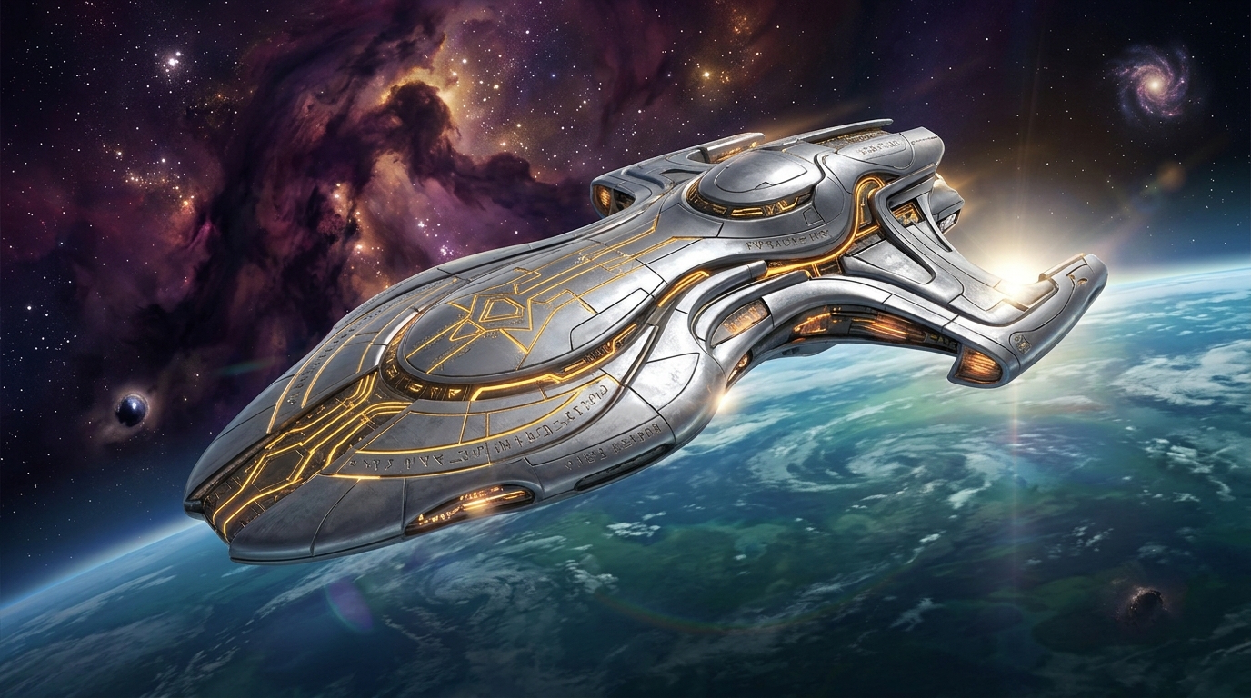 The silver and gold Naglfar above a blue planet, original artwork from The False Aesir EPUB
